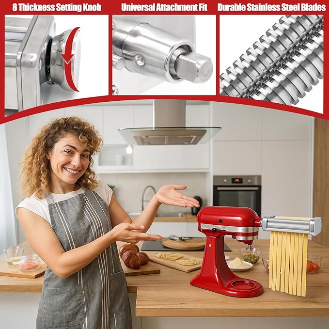 Pasta Maker Attachments Set for all KitchenAid Stand Mixer Included Pasta Sheet Roller （SU304）,8 Adjustable Thickness Settings Perfect for Spaghetti, Fettuccini, Lasagna or Dumpling Skin Silver