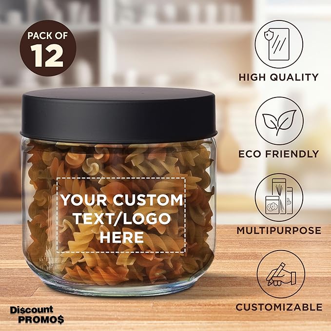 DISCOUNT PROMOS Custom Luminous 23 oz.Storage Jars Set of 12, Personalized Bulk Pack - Durable Kitchen Organization, Home Decor Essentials, Food Storage Solutions - Clear