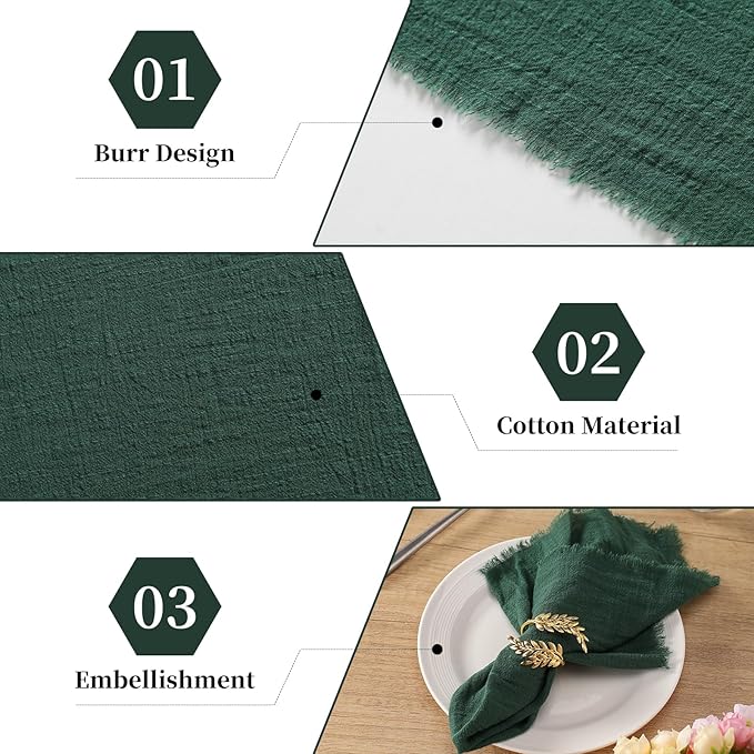 Handmade Cloth Napkins with Fringe, 100% Cotton Napkins, Delicate Handmade Linen Napkins for Dinners, Parties, Weddings and More, 17 x 17 Inch Set of 12 - DarkGreen