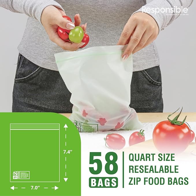 Certified Compostable QUART Resealable Zip Bag, Extra Strength Food Bags, Plant-Based Freezer-Safe (58 Pack)