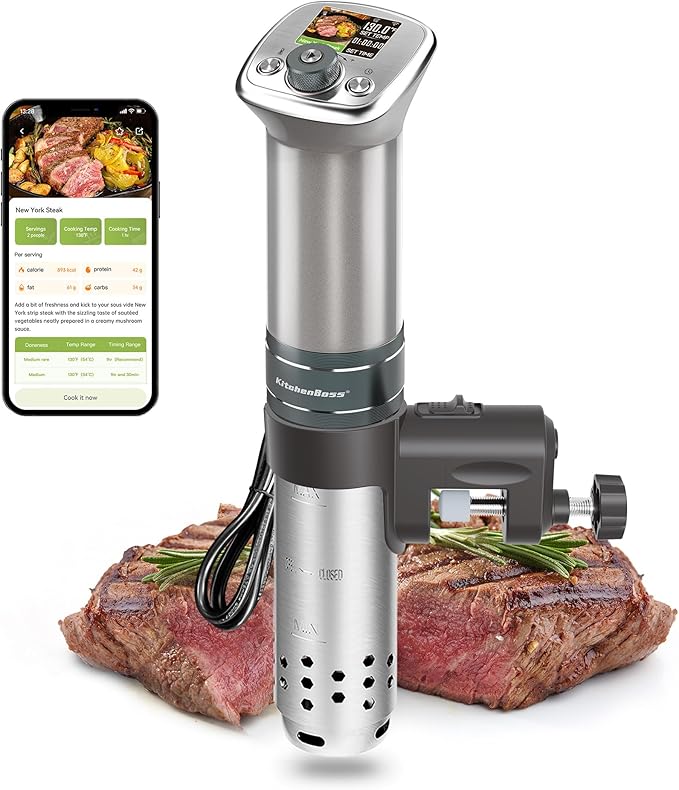 KitchenBoss Wifi Sous Vide Cooker: Ultra-quiet Sous Vide Machine Built-in Color Display Recipes Waterproof, 1100 Watts Immersion Circulator Precision Cooker APP Control, Red-Dot-Winner Product
