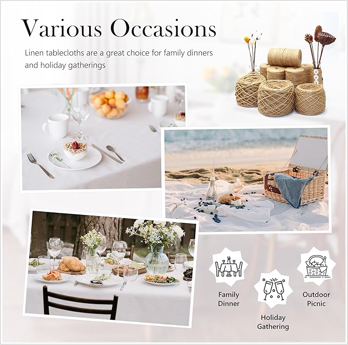 Linen World Hemstitch Linen Tablecloth, French Linen White Tablecloth 120" x 60" Inch, Washable Rectangular Table Cloth for Dining, Outdoor, Weddings and Restaurants, Decorative Valentine Easter