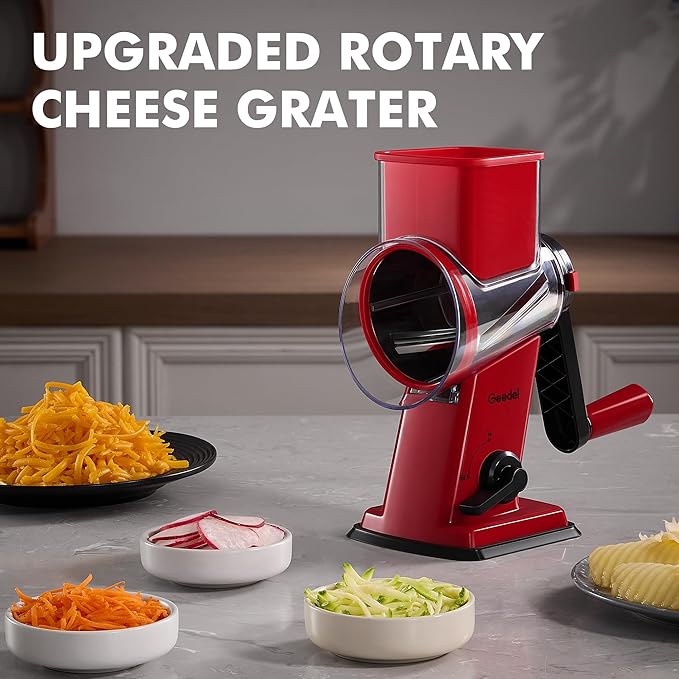 Geedel Rotary Cheese Grater - Upgraded Vegetable Shredder with 4 Interchangeable Blades, Easy to Clean Cheese Shredder with Handle, Kitchen Grater Nuts Grinder for Cutting Cheese, Vegetable, Nuts