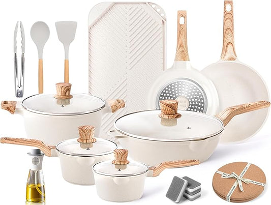 Caannasweis 20Pcs Cookware Sets, Nonstick Pots and Pans Set, Granite Induction Cookware, Non Stick Kitchen Cooking Set, Grayish White Grill Griddle Set, PFOS PFOA Free