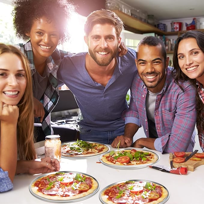 Thenshop 8 Pieces 10 Inch Pizza Pans Bulk Stainless Steel Sets Round Bakeware Pizza Trays for Oven Kitchen Baking Home Restaurant Picnics Holiday Activities Safe Sturdy Reusable Easy Clean(Silver)