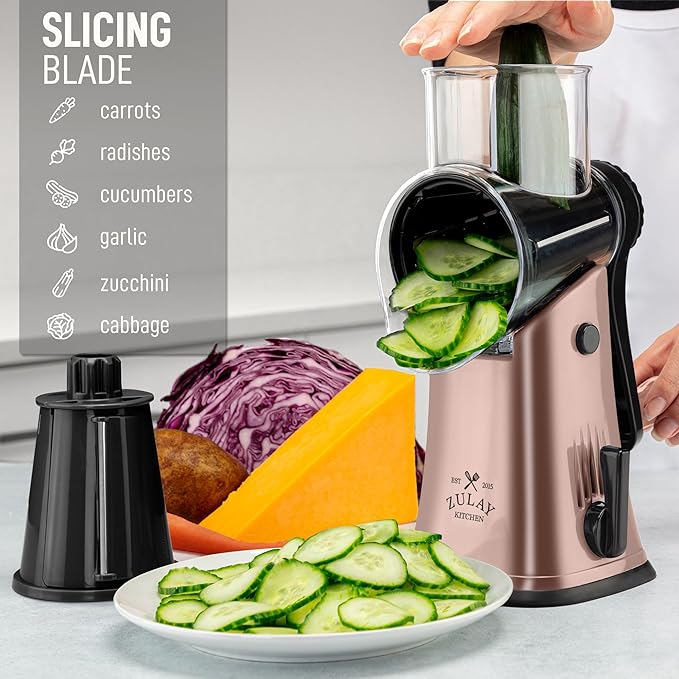 Zulay Kitchen Rotary Cheese Grater 5 Blade Cheese Shredder - Manual Hand Crank Cheese Grater With Reinforced Suction & 5 Interchangeable Drums - Easy to Use, Vegetable Chopper Round Mandoline Slicer
