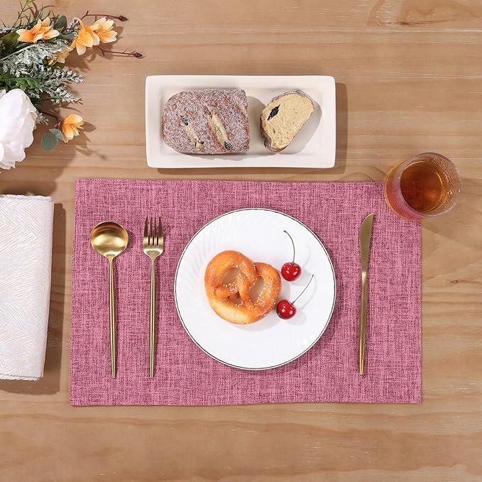 SHACOS Woven Fabric Placemats Set of 4 Heat Resistant Place Mats Non Slip Washable Double Layer Cloth Placemats Reversible Table Mats Kitchen Dining Table Decor (4, Hot Pink)
