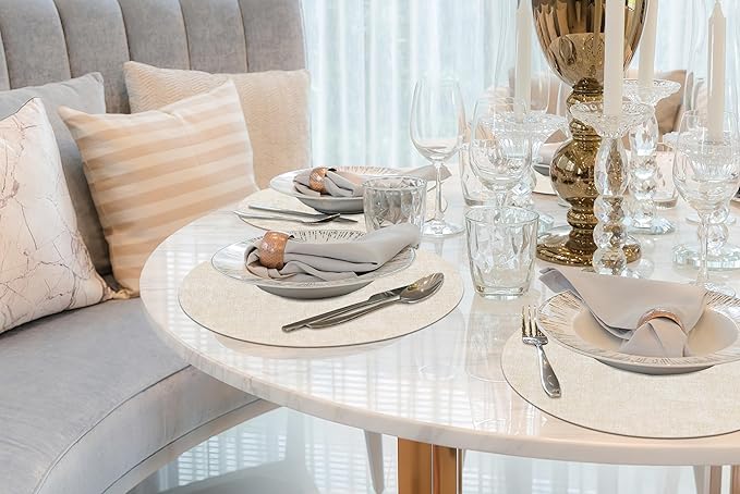 homing Round Faux Leather Placemat and Coaster 4 Packs, Washable Heat Resistant Dining Place Mats, Wipeable Double-Sided Table Mats for Indoor and Outdoor, Diameter 13 and 3.93 inch, Beige