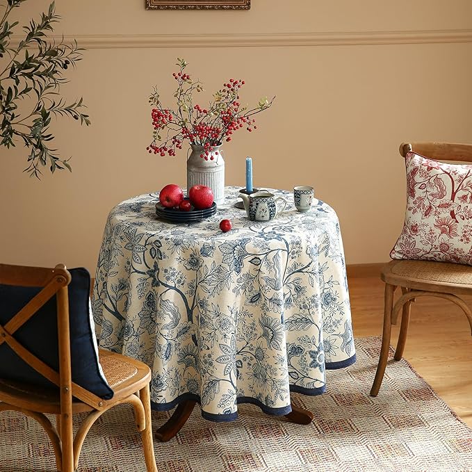 French Floral Tablecloth for Round Tables,Linen Table Cloth with Blue Flowers Pattern,Heavy Durable Table Cover for Dining Kitchen Decor Party Banquet Christmas, Diameter 55"