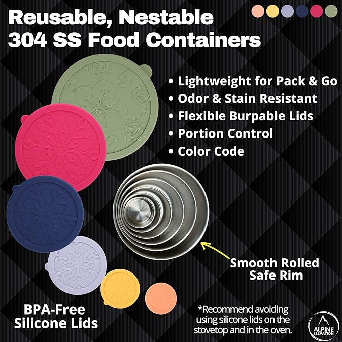 12 Pcs - 6 Stainless Steel Containers + 6 Silicone Lids | 304 Stainless Steel Snack Container | Nesting Snack and Dip Containers | Metal Food Storage