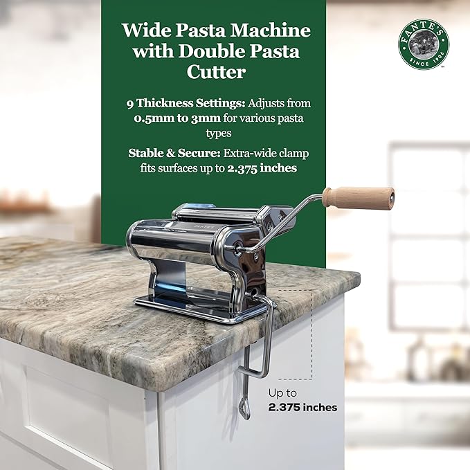 Fante’s Double Cutter Classic Pasta Maker, Hand-Crank Noodle Press with Adjustable Thickness Settings for Fresh Homemade Pasta, Dumplings