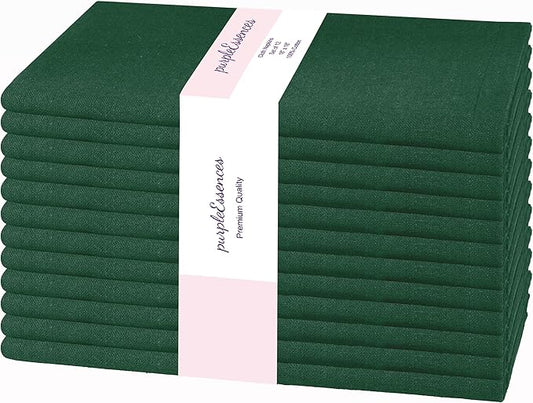 PurpleEssences Set of 12 Cloth Dinner Napkins 100% Cotton 18x18 Inch - Soft Durable Washable - Ideal for Farmhouse Party Christmas Holiday Winter - Perfect Everyday Use Table Linen - Forest Green