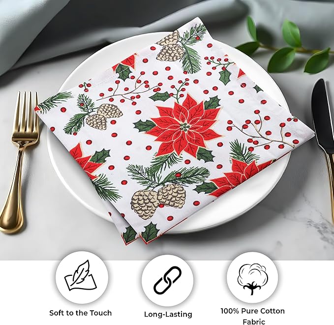 Urban Villa Christmas Dinner Napkins Set of 12 Pine Cone Print Cloth Napkins 100% Cotton Premium Quality 20x20 Inches Over Sized Cloth Napkins with Mitered Corners Durable Hotel Quality