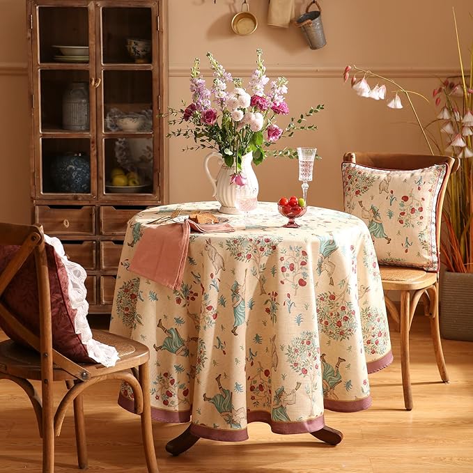 patdrea Designer Beige Tablecloth for Round Tables,Vintage Elegant French Linen with Trees and Kid Pattern Table Cloth,Farmhouse Table Cover Cloth Decor for Kitchen Dining Christmas,Diameter 55"