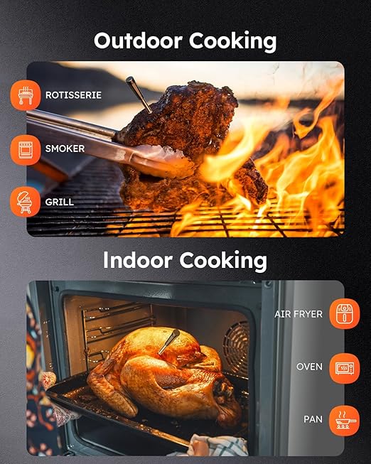 Smart Wireless Meat Thermometer with Ultra-Thin Probe, Digital Food Thermometer 0.5S Instant Read, 600FT Bluetooth Range Real-Time Monitoring & Smart Alerts for BBQ, Grill, Smoker, Oven, Air Fryer