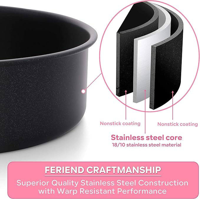 Herogo 8 Inch Cake Pan Set of 2, Stainless Steel Black Nonstick 3'' Deep Round Baking Pan, for Birthday Wedding Layer Cake Bakeware, Non Toxic, Oven & Dishwasher Safe