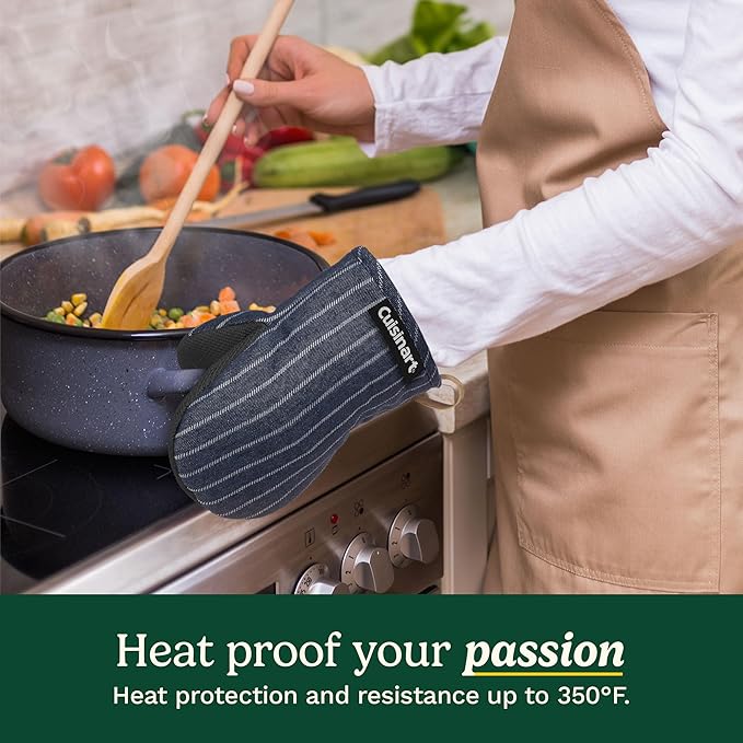 Cuisinart Heritage Mini Oven Mitts–5.5”x7” Heat-Resistant Kitchen Mitts for Oven with Non-Slip Neoprene Palm, Cotton Filling, and Faux Leather Loop–Durable Oven Mitt Set (Denim Pinstripe)