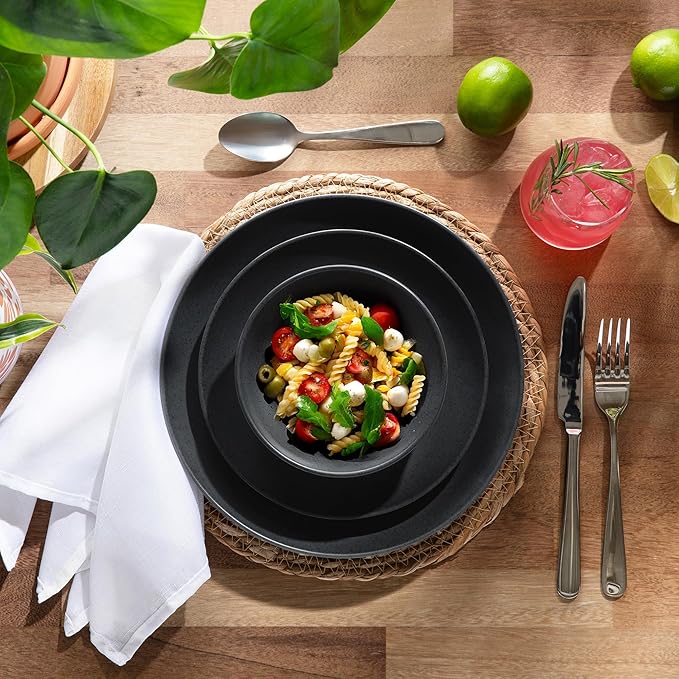 Larder & Vine 12-Piece Melamine Dinnerware Set: Durable, Lightweight, Break-Resistant Plates & Bowls – Stylish, Non-Toxic, Dishwasher Safe – Ideal for Everyday Use, Indoor & Outdoor Dining – Black