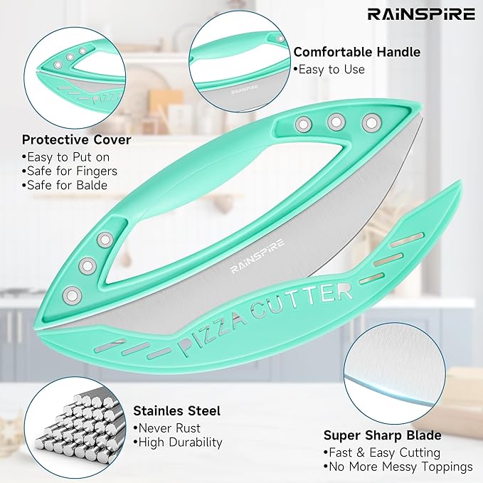 Rainspire 12" Pizza Cutter Rocker Blade Stainless Steel Pizza Rocker with Cover Sharp Blade Pizza Knife Dishwasher Safe Kitchen Gadgets Home Essentials, Mint Green