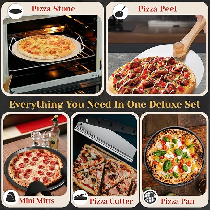 5-Piece Pizza Set: 13-Inch Round Pizza Stone for Oven & Grill with Rack, Cutter, Peel, Pan & Mini Mitts, Baking Stone for Bread