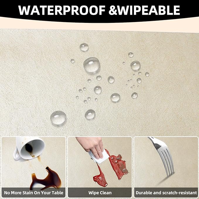 Vinyl Placemats Set of 6-12×17.7 Inch Waterproof & Heattable Placemats, Fall Faux Leather Wipeable Outdoor Table Mat for Dining, Kitchen, Indoor Outdoor Use (Gold/Silver, Brushed Metal