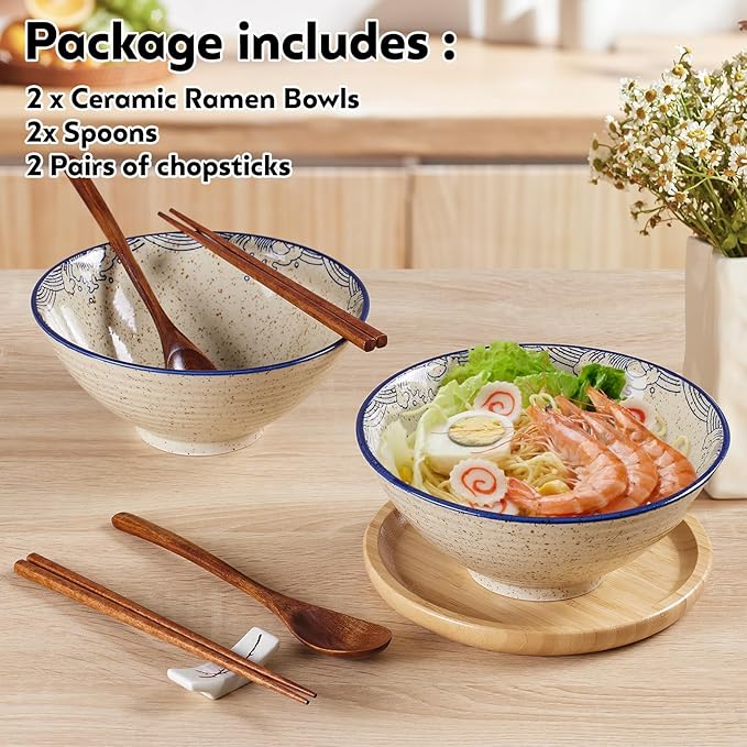 2 x 40 OZ ceramic ramen bowls, 8 IN large Japanese noodle soup bowl, match chopsticks and spoons, suitable for Pho, Udon Asian noodles (Japanese fish 2 set)