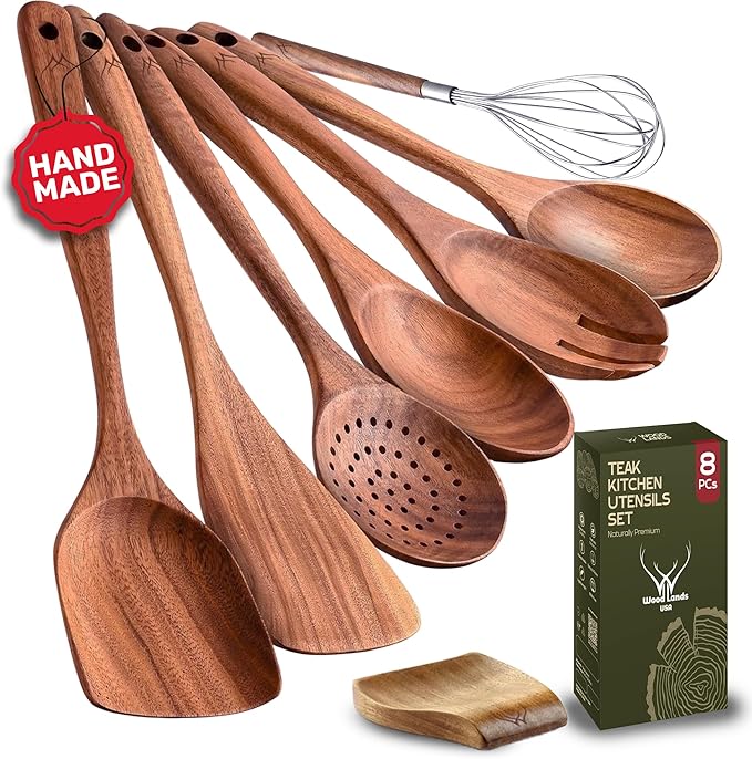 8 Pcs Teak Wooden Utensil Set with Rest – Premium Wooden Cooking Utensils Set, Natural Kitchen Utensils & Spoons for Cooking, for Any Cook - Wooden Spoons for Cooking with Wood Spatulas