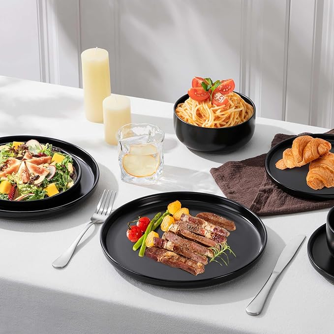 Herogo 18 Pieces Stoneware Dinnerware Set Service for 6, Dinner Plates and Bowls Sets, Double Reactive Glaze Dishes Set for Kitchen, Scratch Resistant, Microwave & Dishwasher Safe, Matte Black