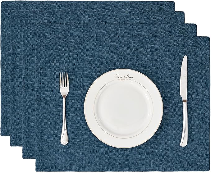 BALCONY & FALCON Placemats Set of 4 Faux Linen Cloth Place Mats Washable Waterproof Wrinkle Resistant Table Placemats for Dining Kitchen Farmhouse Indoor & Outdoor Use(Navy Blue, 13.8”x 17.7”
