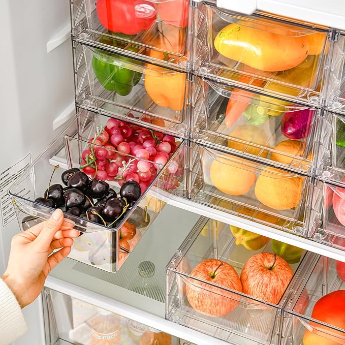 8Pack Clear Stackable Kitchen Storage Organizer,Pantry Organizers and Storage,Foods Organizer Bins with Handles, Easily Assemble for Bathroom, Kitchen, Refrigerator, Pantry, Cabinet, Closet