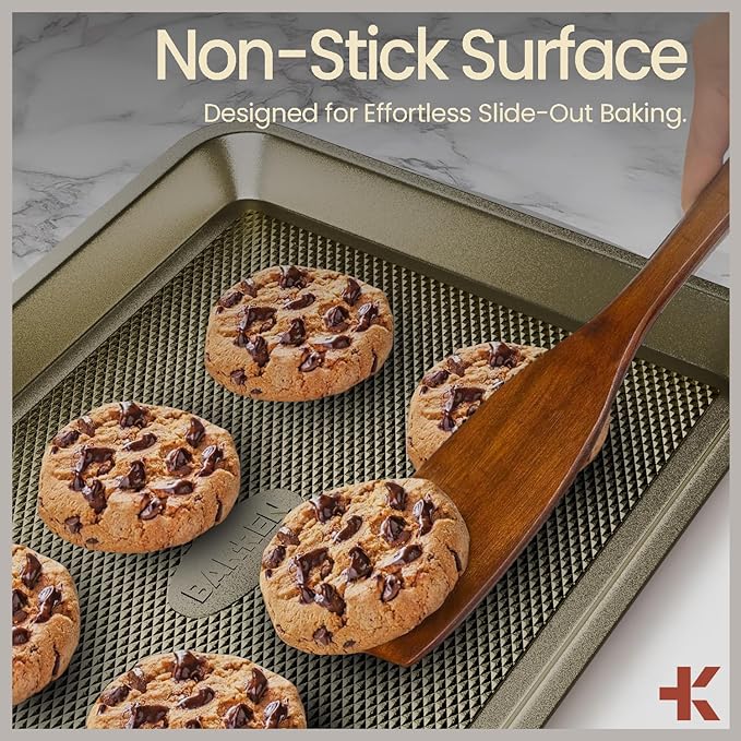 BAKKEN Kitchen Baking Pans - Nonstick White Coating, 13.58’’ × 9.65’’ Commercial Grade Carbon Steel Cookie Sheet, Diamond Texture Bottom, PFOA, PFOS, PTFE Free, Oven Safe Tray (450°F), White Marble