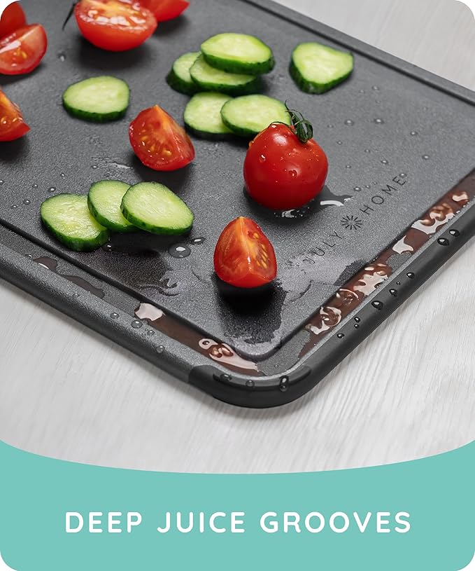 Cutting Boards for Kitchen, Plastic Cutting Board Set of 3, Dishwasher Safe Cutting Boards with Juice Grooves for Meat, Veggies, Fruits, Easy Grip Handle, Non-Slip (Black/Gray)