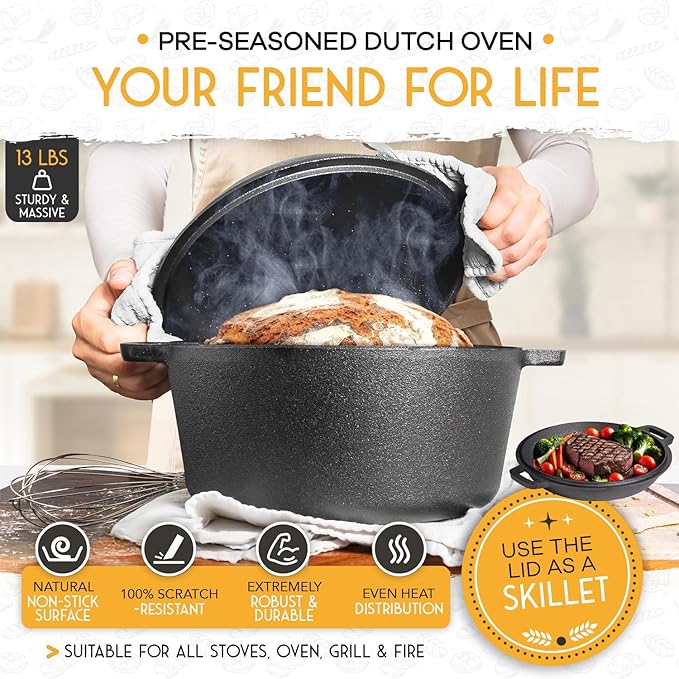 Pre-Seasoned Cast Iron Dutch Oven for Bread Baking with Skillet Lid - Incl. Sourdough Bread Baking Supplies like Banneton Bread Proofing Basket, 5QT Cast Iron Bread Pan, Bread Oven