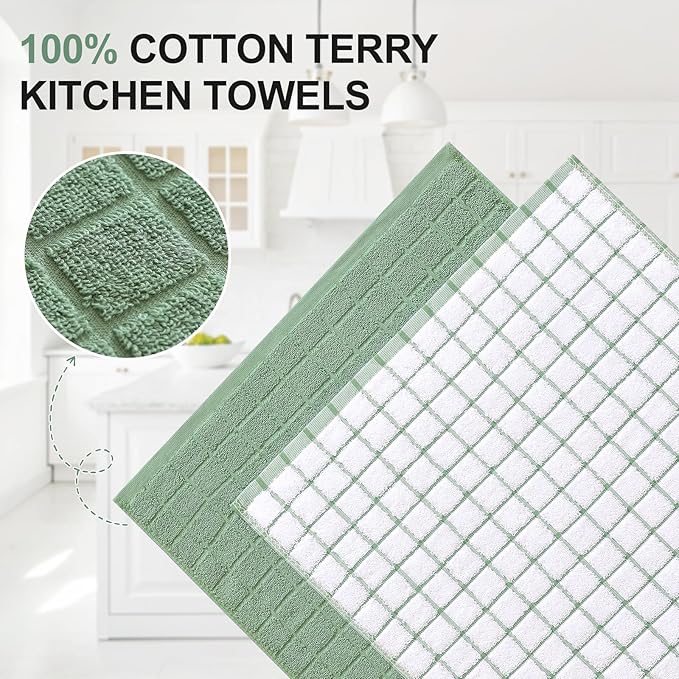 Homaxy Premium Cotton Kitchen Towels 16"x 28", Large Natural Ring Spun 390 GSM Dish Towels, Super Absorbent Terry Kitchen Hand Towels, Soft Tea Towel with Hanging Loop, Grass Green Check, 8 Pack