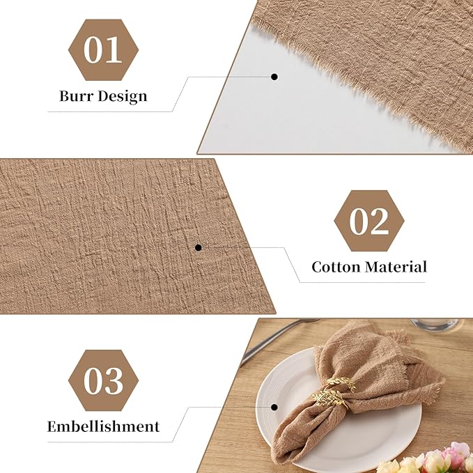 Handmade Cloth Napkins with Fringe, 100% Cotton Napkins, Delicate Handmade Linen Napkins for Dinners, Parties, Weddings and More, 17 x 17 Inch Set of 12 - Brown