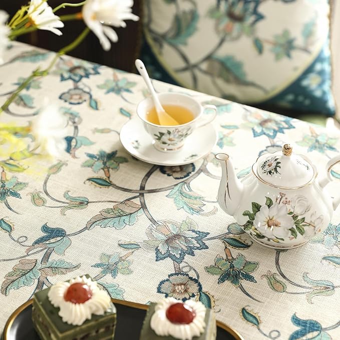 patdrea Designer Floral Linen Table Cloth Durable Breathable Table Cover Decoration Kitchen Dining Tablecloth for Rectangle Tables for Kitchen Dining Christmas,Holiday,Patio,63"x 87"
