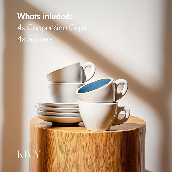 KIVY Cappuccino cups set of 4 [8oz] - Thick-walled stoneware cappuccino cup set for latte art - Latte mugs - Latte cups - Coffee mug - Latte art cup - Ceramic latte cup and saucer set of 4 - Blue
