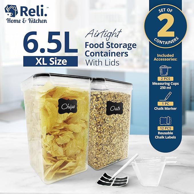 Reli. 6.5L Airtight Food Storage Containers with Lids (2 Sets) | Kitchen Organizers and Storage Containers, Pantry Organizers | BPA Free Plastic XL Set w/ 2 Measuring Cups, 12 Labels, Pen