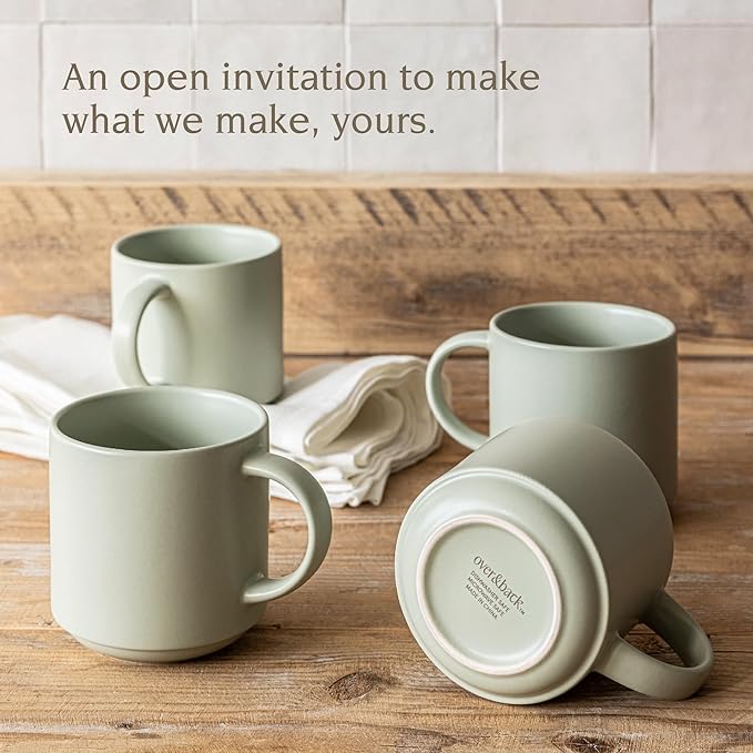 over&back Stackable Stoneware Coffee Mugs - 4-Piece Mug Set - Enjoy the Perfect Cup of Coffee, Tea, Latte, and More - Semi-Matte Sage- 14oz