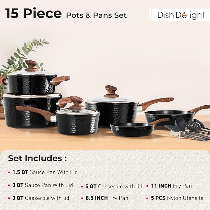 DishDelight 15 Piece Pots and Pans Set Non Stick, Induction Nonstick Kitchen Cookware Sets, Nonstick Induction Cookware with Frying Pans and Saucepan Set, Non-toxic Kitchen Cooking Set, Black