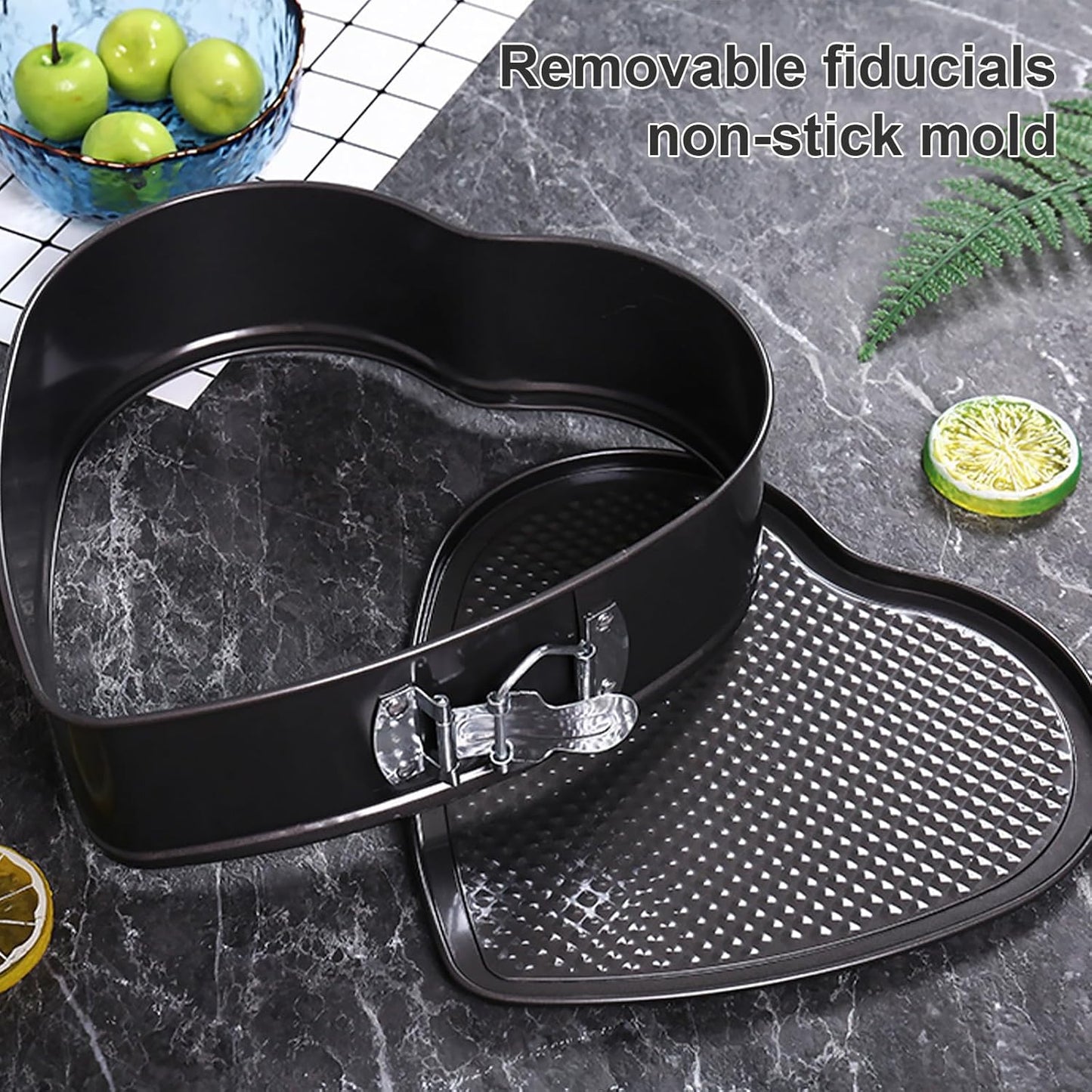 10 inch Heart Shape Cake Tin, Removable Base, Stainless Steel Cake Mold with Snap Closure and Non Stick Layer, Easy to Demould, for Chiffon Cake, Black