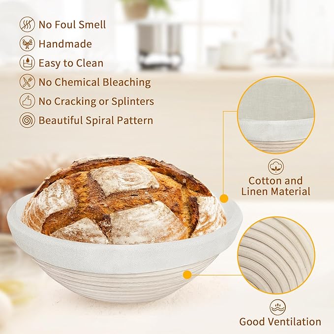 Banneton Proofing Basket Set,10 Inch Round & Oval Natural Rattan Sourdough Bread Proofing Basket Reusable Bread Baking Supplies with Sourdough Starter Jar, Perfect for Artisan Loaf Shaping