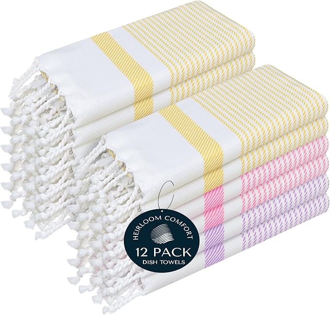 Multi Color Kitchen Towels 16x26 Inch, 12 Pack, 100% Cotton, Ultra Absorbent, Fast Dry, Machine Washable, Drying Dishes, Cleaning, Everyday Use - Lemon Yellow, Pink, Lavender