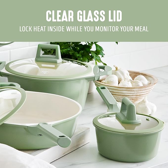 GreenLife 8 Piece Ceramic Nonstick Cookware Set, Induction Suitable Non Toxic PFAS-Free Pots & Pans, Dishwasher Safe, Cooking Set, Stock Pot, Saucepans & Frying Pans, Kitchen Cooking, Sage Green