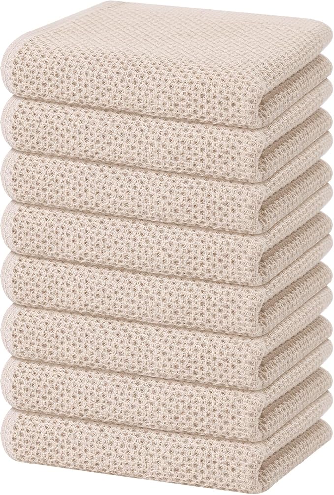 Homaxy 100% Cotton Waffle Weave Kitchen Dish Towels, Ultra Soft Absorbent Quick Drying Cleaning Towel, 13 x 28 Inches, 8-Pack, Beige