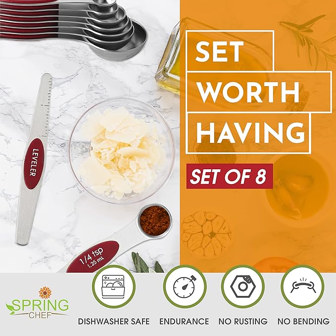 Spring Chef Red Stainless Steel Magnetic Measuring Spoons Set of 8 with Leveler, Dual Sided Nesting Teaspoon & Tablespoon Measuring Spoons, Kitchen Gadgets for Baking & Cooking, Fits in Spice Jars