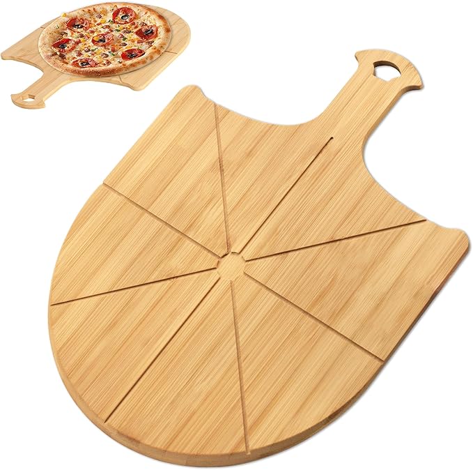 Pizza Peel Wooden, 12 Inch Pizza Spatula Wood Non-Stick, Bamboo Pizza Paddle as Cutting Board with Cutting Grooves for Easy Pizza and Bread Making