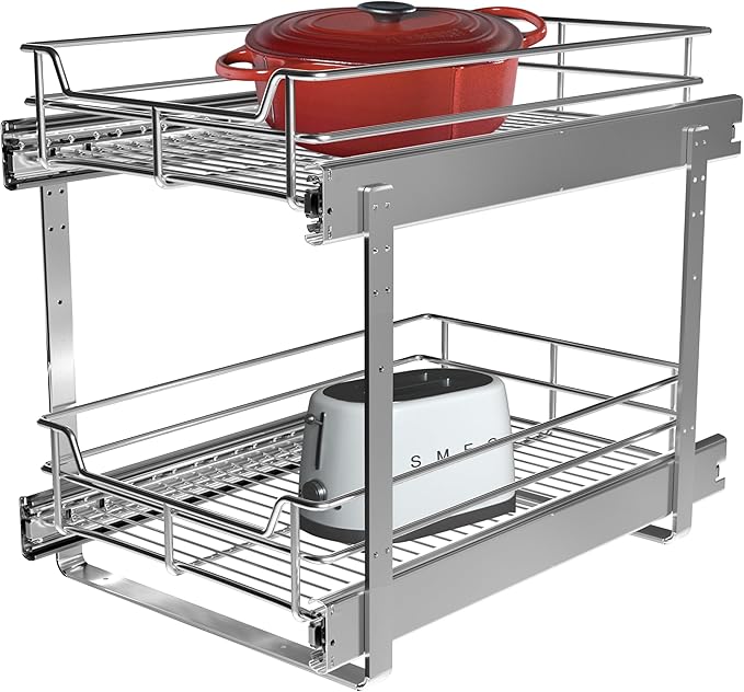 2 Tier Pull Out Cabinet Organizer (11"W x 22"D), Roll Out Shelves and Drawer for Kitchen Pantry Storage Basket, Heavy-Duty Metal Sliding Shelf