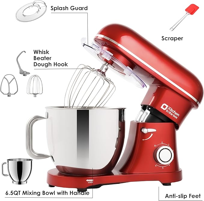 Kitchen in the box Stand Mixer - 6.5 Quart Mixing Bowl with Handle, 900 Watt Powerful Heavy Bread Dough Mixers Tilt-head with Dough Hook, Whisk, Flat Beater and Splash Guard (Red)