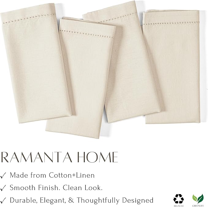 Ramanta Home Natural Cloth Dinner Napkin Set of 4-20x20 Inch, Premium Cotton Linen Flax Hemstitched Napkins, Soft Durable Washable for Everyday Use Thanksgiving Christmas Parties Halloween